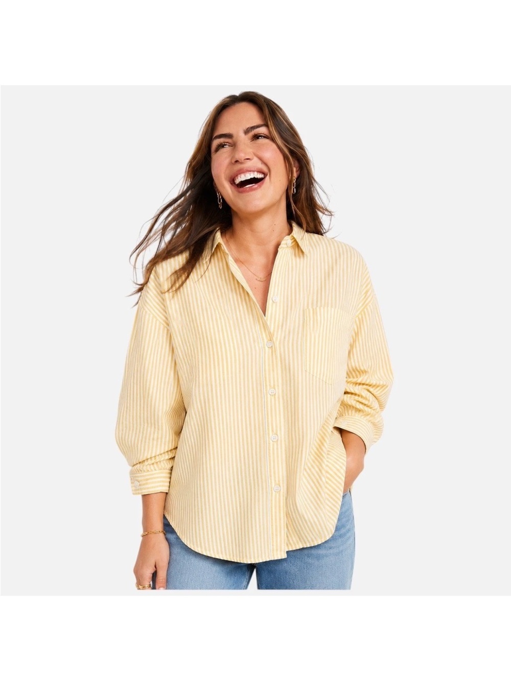 NEW Old Navy The Boyfriend Shirt M yellow White Striped Button Down Classic